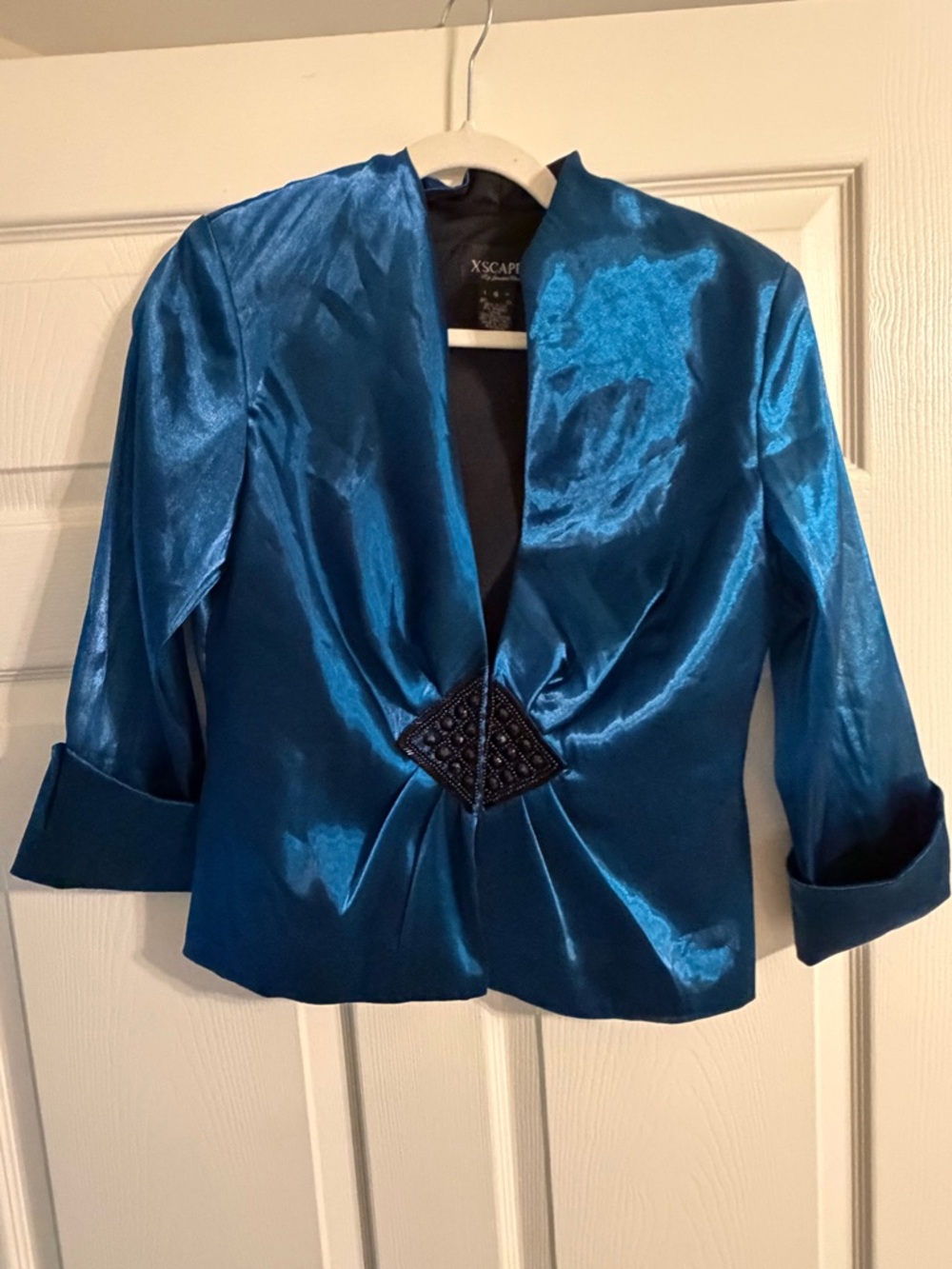 Xscape Teal Satin Cropped Blazer with Beaded Waist Accent